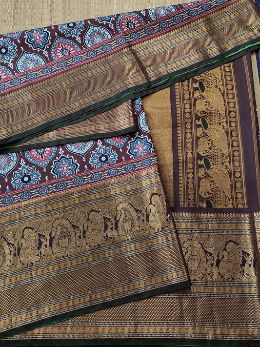 Brown Colour Gadwal Silk Saree With Ajrakh Digital Print All Over Code : GA011
