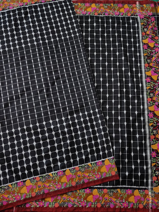 Black Colour Ikkat Silk Saree With Ikkat Weaving All Over Code : IK018