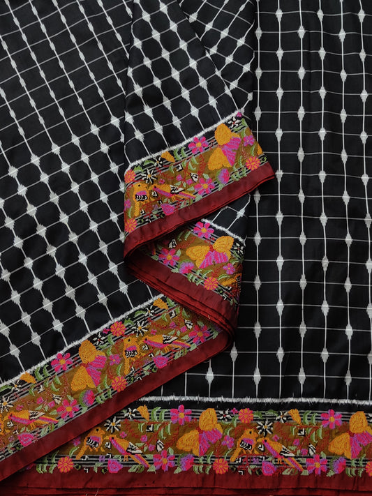Black Colour Ikkat Silk Saree With Ikkat Weaving All Over Code : IK018