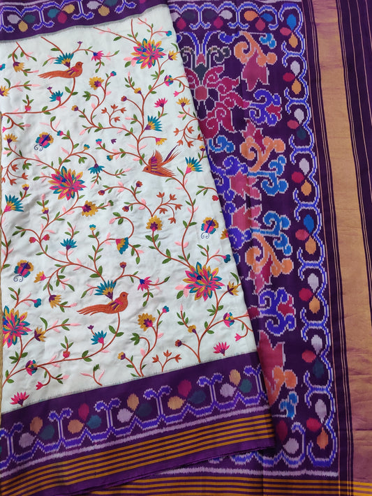 White Colour Ikkat Patola Saree With Parsi Gara Embroidery Work All Over