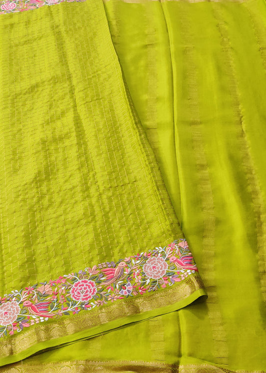 Parrot Green Colour Mysore Crepe Silk Saree With Zari Checks All Over Code : KA0244