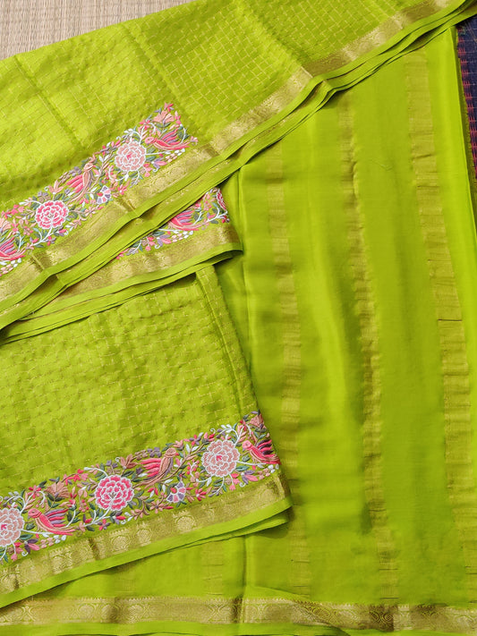 Parrot Green Colour Mysore Crepe Silk Saree With Zari Checks All Over Code : KA0244