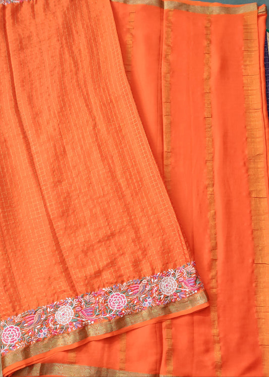Orange Colour Mysore Crepe Silk Saree With Zari Checks All Over Code : KA0245