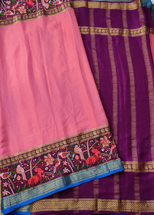 Onion Colour Colour Mysore Crepe Silk Saree With Plain Body Code : KA0235