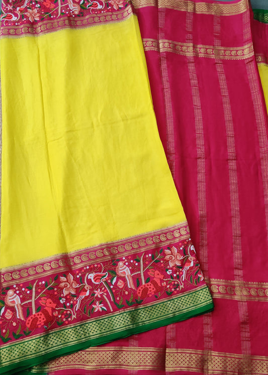 Lemon Yellow Colour Colour Mysore Crepe Silk Saree With Plain Body Code : KA0236