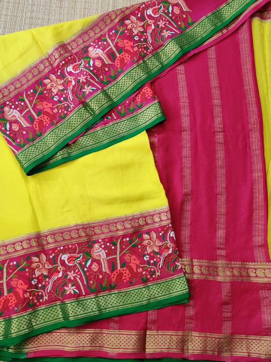 Lemon Yellow Colour Colour Mysore Crepe Silk Saree With Plain Body Code : KA0236