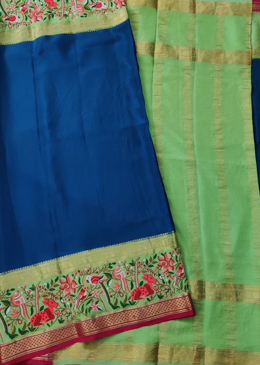 Peacock Blue  Colour Colour Mysore Crepe Silk Saree With Plain Body Code : KA0237