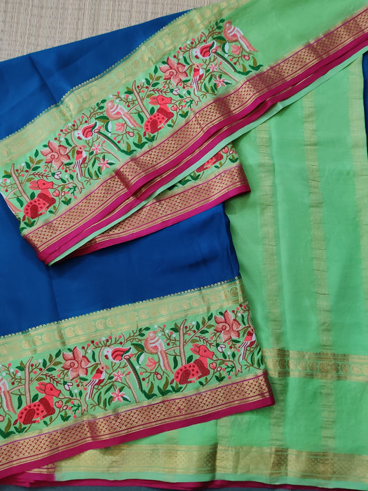 Peacock Blue  Colour Colour Mysore Crepe Silk Saree With Plain Body Code : KA0237