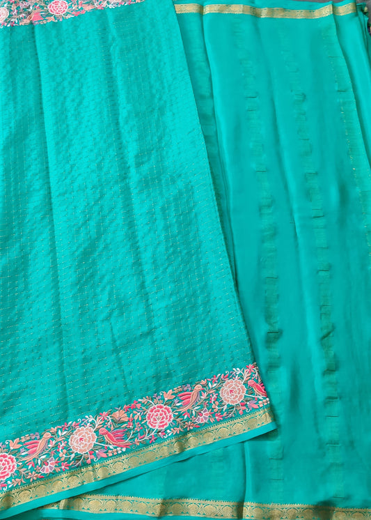 Turquoise Colour Mysore Crepe Silk Saree With Zari Checks All Over Code : KA0246