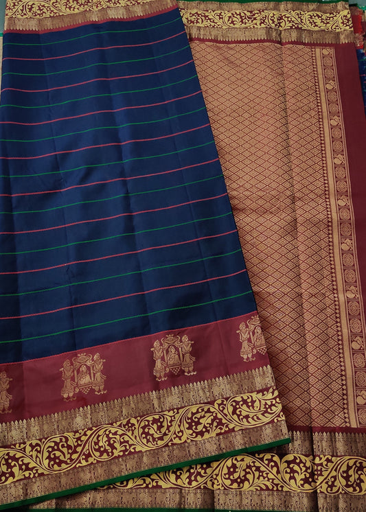 Navy Blue Colour Kanchivaram Silk Saree With Thraed Woven Stripes All Over Code : KA0249