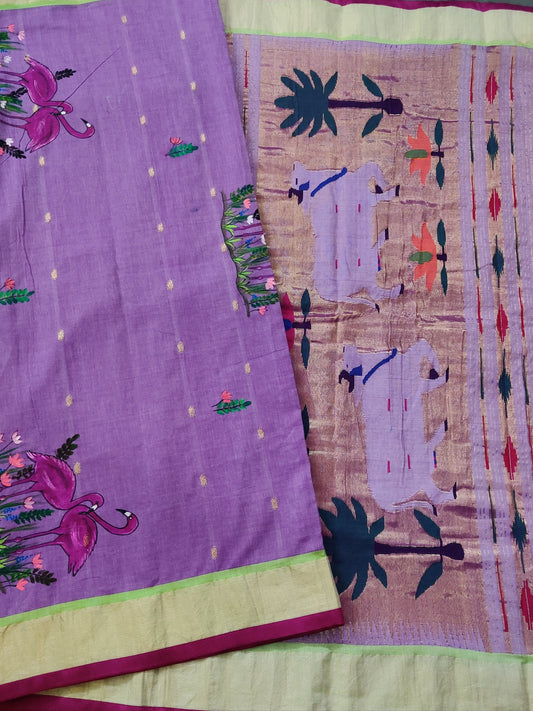 Lavender Colour Cotton Paithani Saree With Hand Painting & Zari Butta All Over Code : PA004