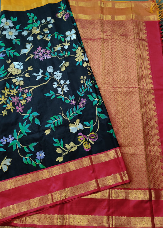 Black Colour Kanchivaram Silk Saree With Hand Painting All Over Code : KA0250