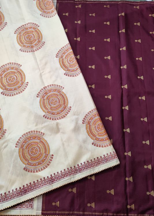 Cream colour kanchivaram silk saree hand block print all over Code : KA0247