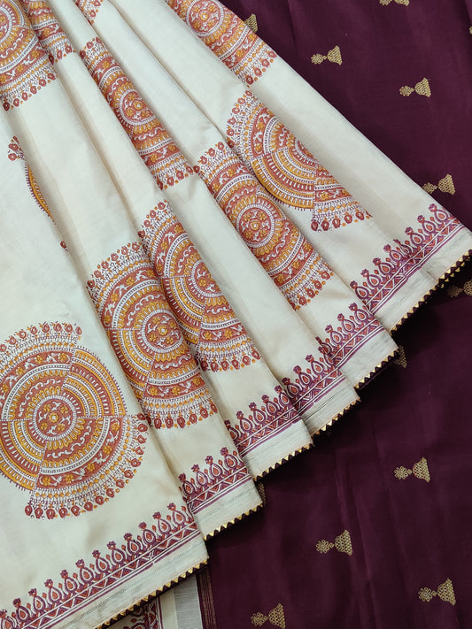 Cream colour kanchivaram silk saree hand block print all over Code : KA0247