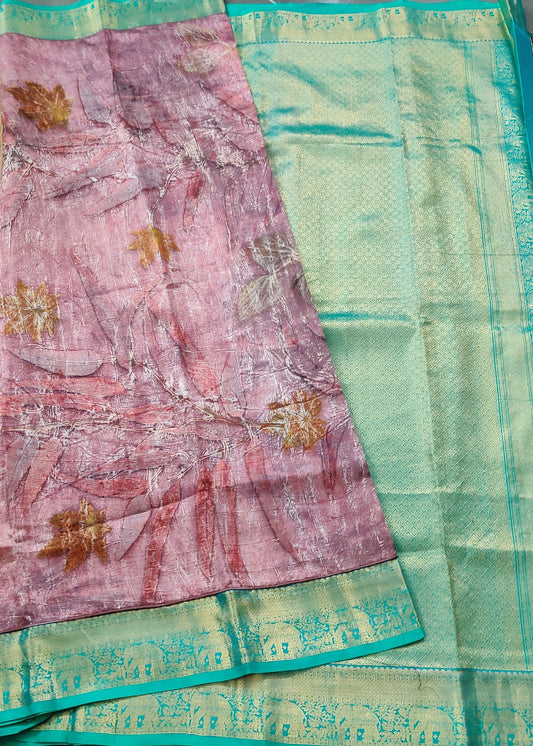 Onion Colour Kanchivaram & Murshidabad Silk Fusion Saree With Eco Print All Over Code : KA0196