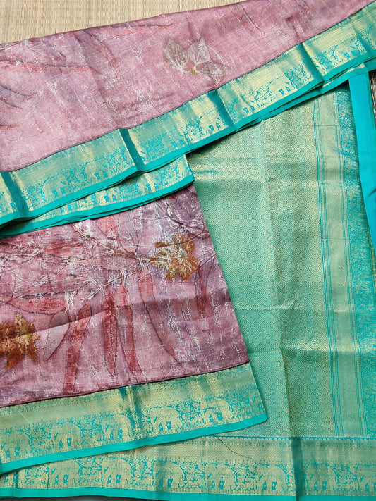 Onion Colour Kanchivaram & Murshidabad Silk Fusion Saree With Eco Print All Over Code : KA0196