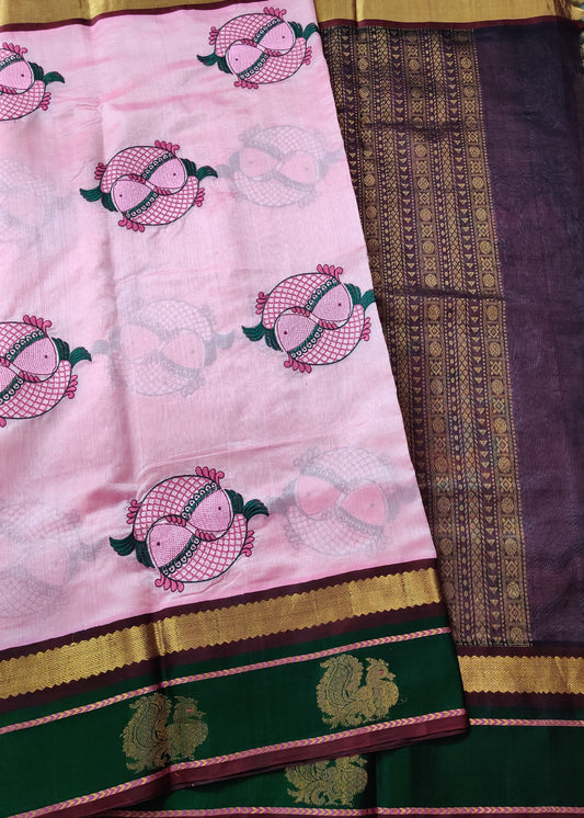 Light Pink Colour Silk Cotton Saree With Fish Embroidery All Over Code : SC033