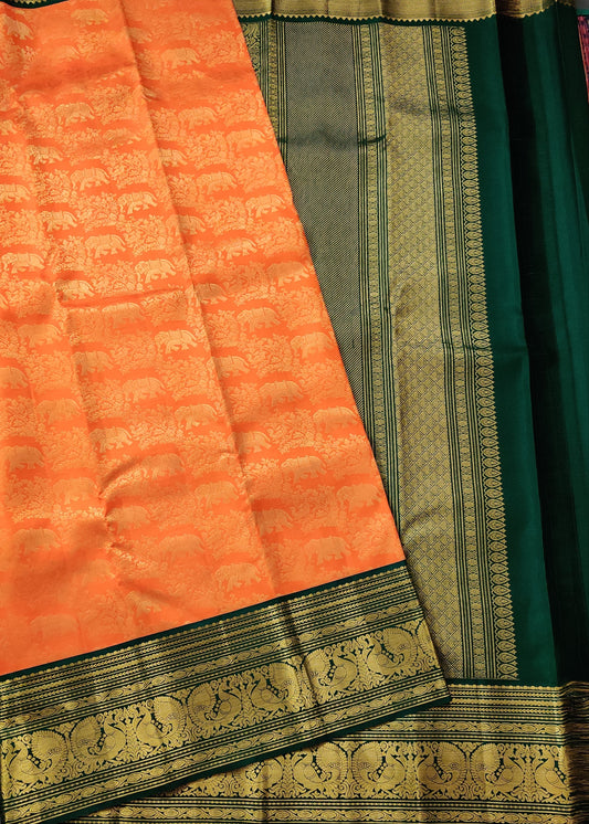 Orange Colour Kanchivaram Silk Saree With Zari Motif All Over Code : KA0254