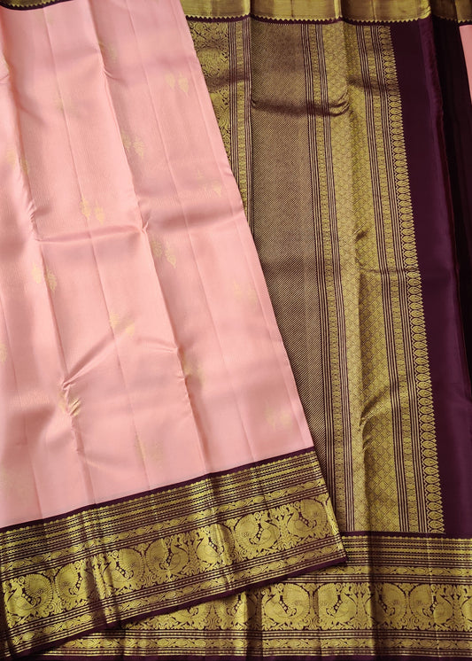 Peach Colour Kanchivaram Silk Saree With Zari Butta All Over Code : KA0255