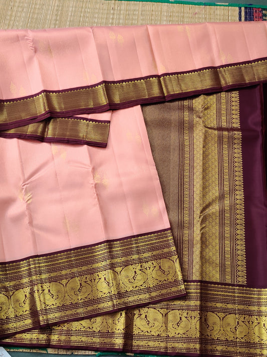 Peach Colour Kanchivaram Silk Saree With Zari Butta All Over Code : KA0255