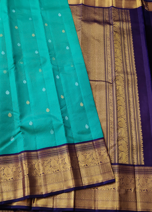 Rama Green Colour Kanchivaram Silk Saree With Zari Checks & Butta All Over Code : KA0256