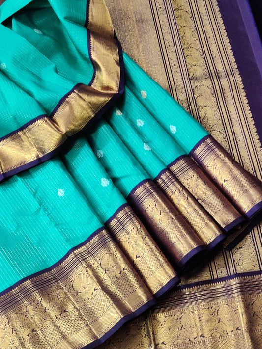 Rama Green Colour Kanchivaram Silk Saree With Zari Checks & Butta All Over Code : KA0256
