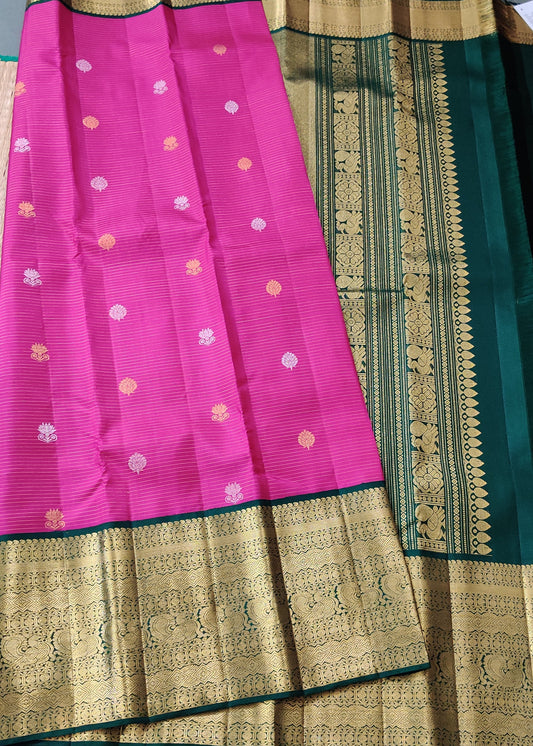 Rani Pink Colour Kanchivaram Silk Saree With Silver & Gold Zari Butta All Over : KA0257