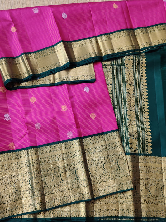 Rani Pink Colour Kanchivaram Silk Saree With Silver & Gold Zari Butta All Over : KA0257