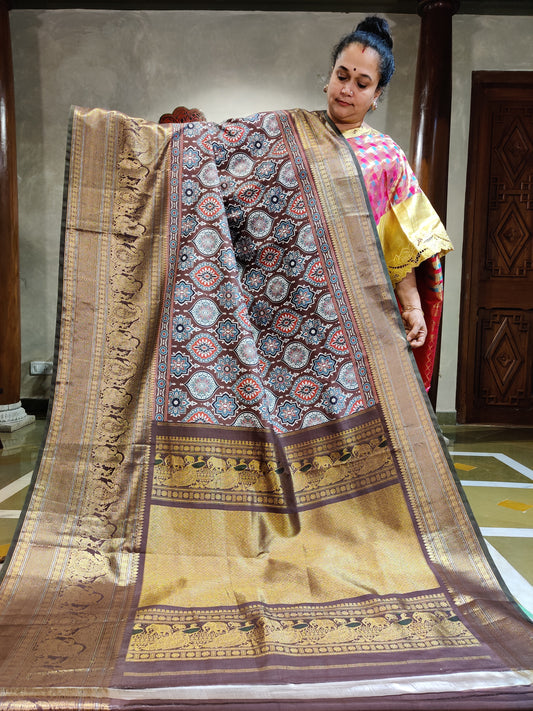 Brown Colour Gadwal Silk Saree With Ajrakh Digital Print All Over Code : GA011