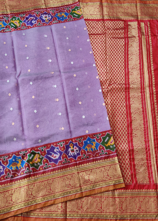 Lavender Colour Ikkat & Tissue Organza Fusion Saree With Gold & Silver Small Zari Butta All Over Code : KA0268