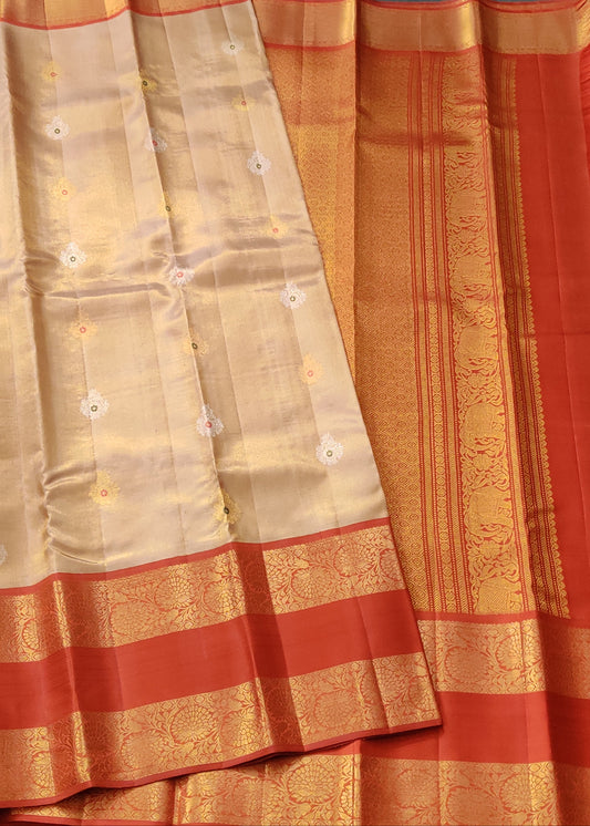 Gold Colour Tissue Kanchivaram Silk Saree With Gold & Silver Zari Butta All Over Code : KA0260