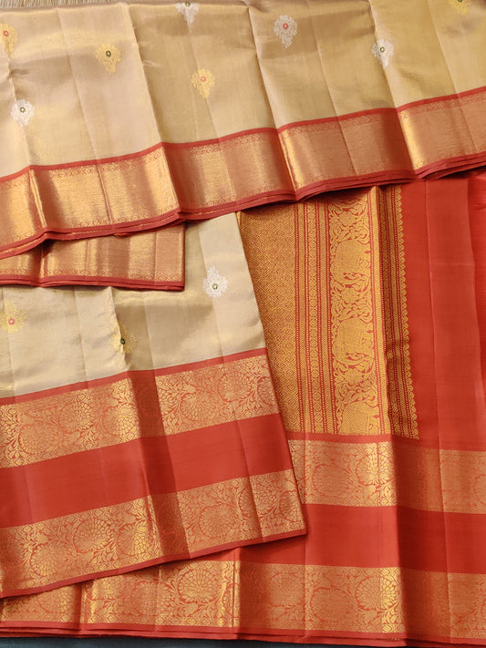 Gold Colour Tissue Kanchivaram Silk Saree With Gold & Silver Zari Butta All Over Code : KA0260