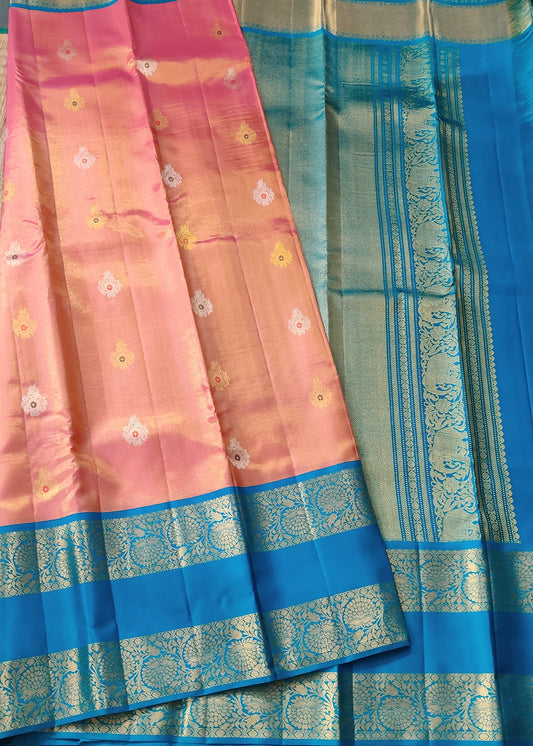 Dual Tone Orange Tissue Kanchivaram Silk Saree With Gold & Silver Zari Butta All Over Code : KA0268
