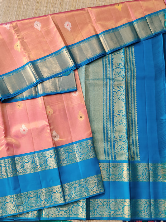 Dual Tone Orange Tissue Kanchivaram Silk Saree With Gold & Silver Zari Butta All Over Code : KA0268