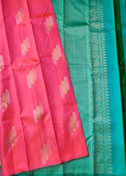 Dual Tone Orange Colour Borderless Kanchivaram Silk Saree With Silver & Gold Zari Butta All Over Code : KA0266