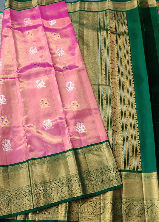 Pink Colour Tissue Kanchivaram Silk Saree With Gold & Silver Zari Butta All Over Code : KA0267