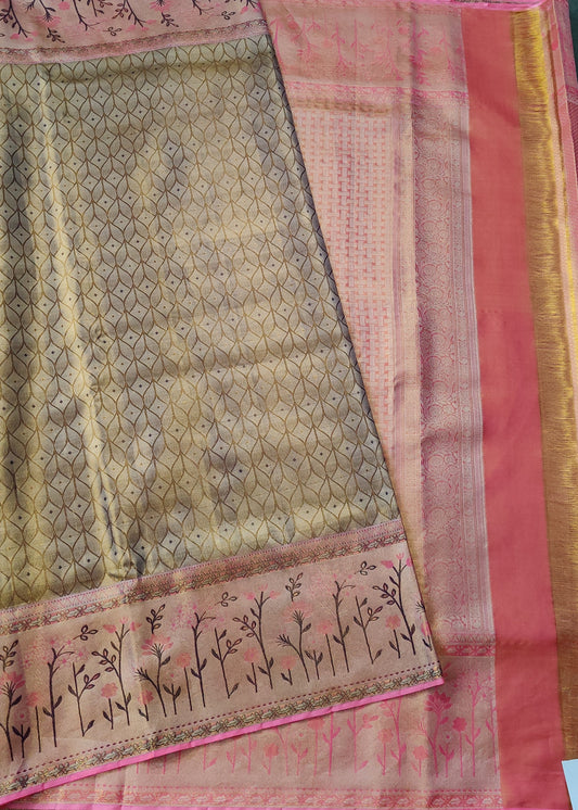 Chikoo Colour Tissue Kanchivaram Silk Saree With Zari Brocade All Over Code : KA0280