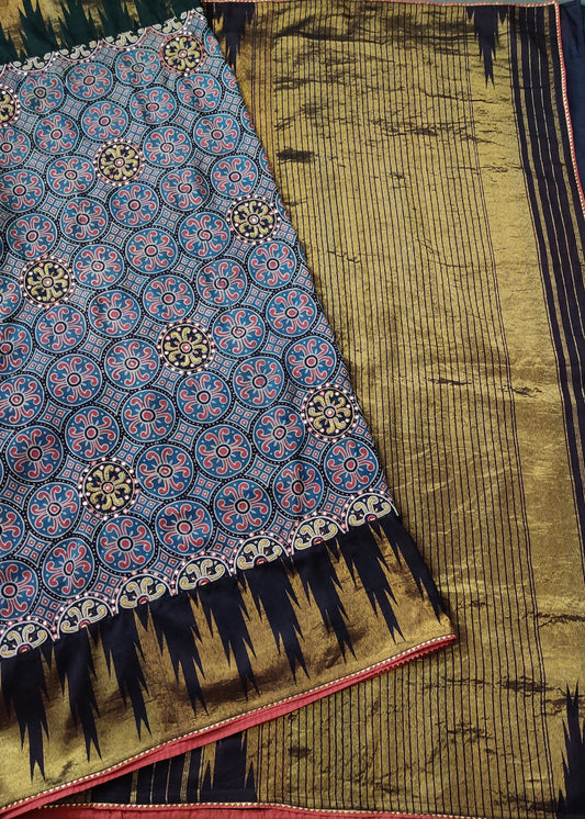 Blue Colour Kanchivaram Silk Saree With Ajrakh & Hand Work All Over Code : KA0273