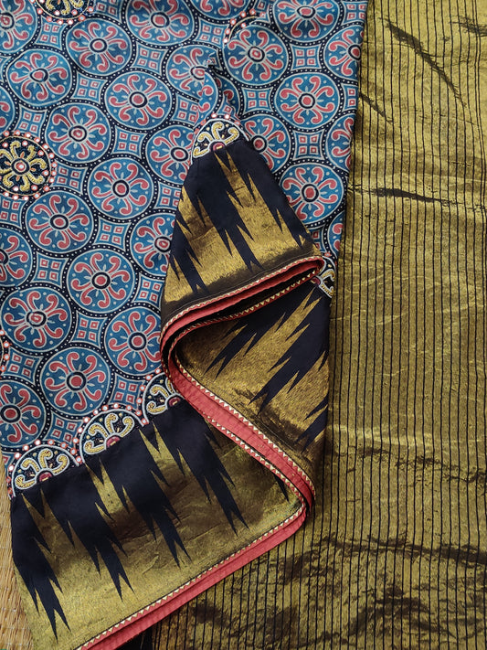 Blue Colour Kanchivaram Silk Saree With Ajrakh & Hand Work All Over Code : KA0273