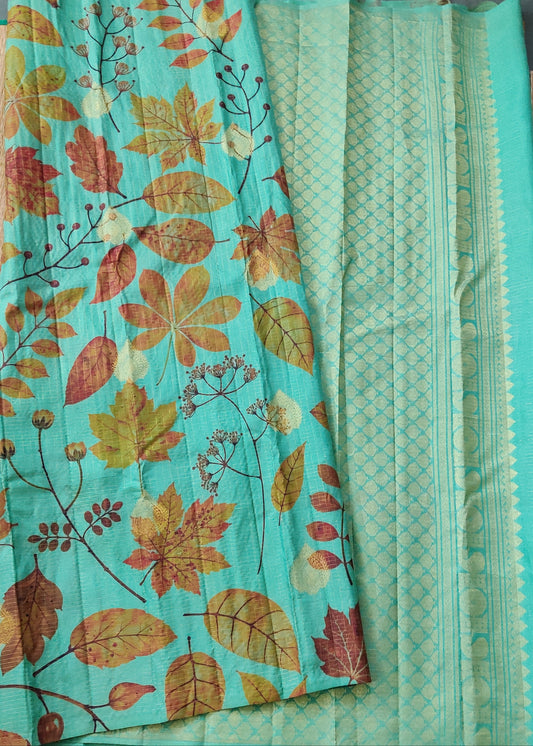Turquoise Green Colour Borderless Kanchivaram Silk Saree With Eco Digital Print All Over Code : KA0274