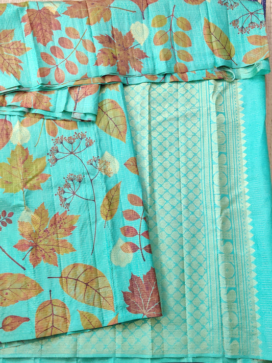 Turquoise Green Colour Borderless Kanchivaram Silk Saree With Eco Digital Print All Over Code : KA0274