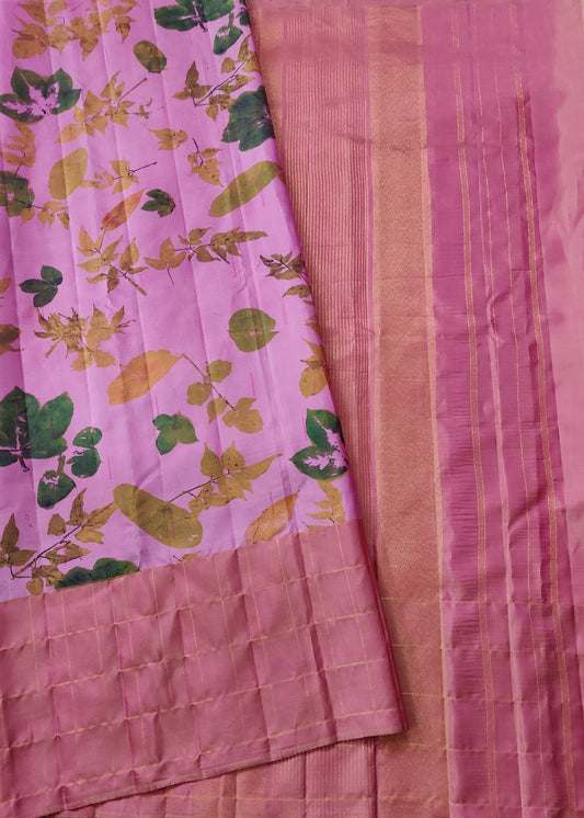 Pink Colour Kanchivaram Silk Saree With Eco Digital Print All Over Code : KA0275