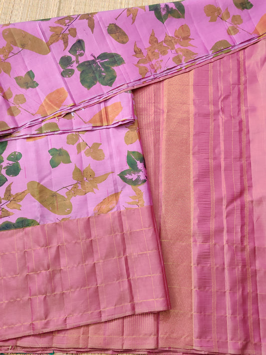 Pink Colour Kanchivaram Silk Saree With Eco Digital Print All Over Code : KA0275