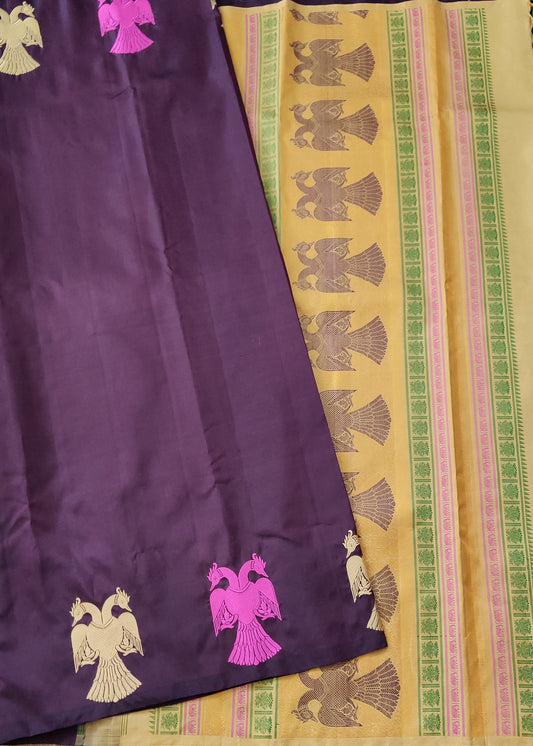 Brown colour kanchivaram silk saree with plain body Code KA0277