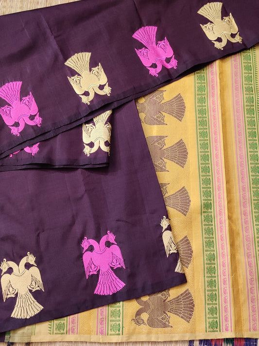 Brown colour kanchivaram silk saree with plain body Code KA0277