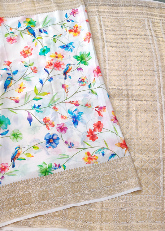 White Colour Georgette Silk Saree With Digital Print All Over Code : VB0305