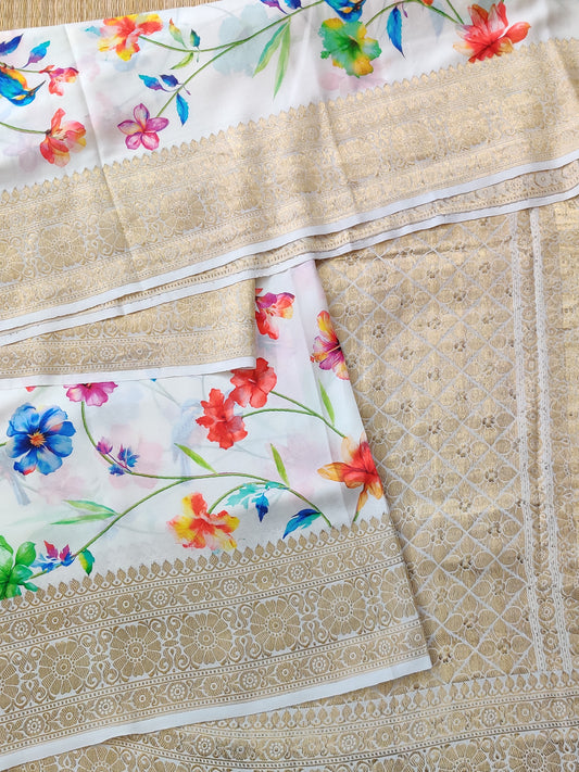White Colour Georgette Silk Saree With Digital Print All Over Code : VB0305