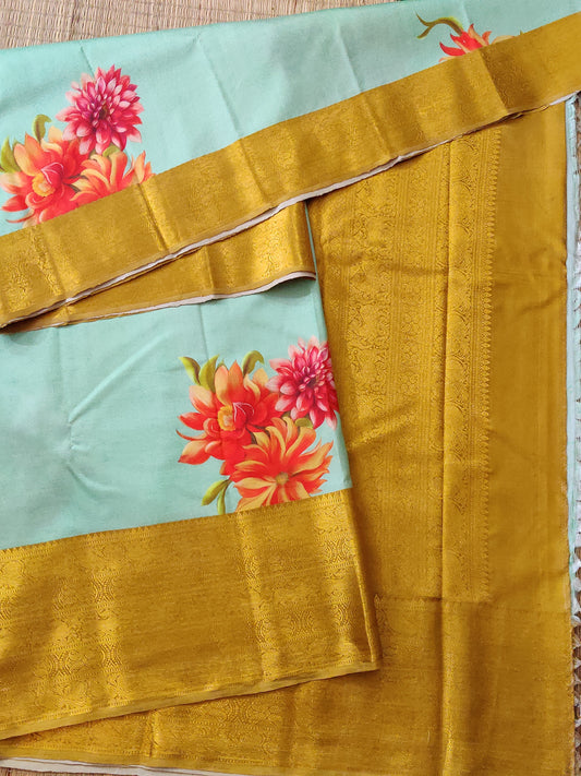Pista Green Colour Kanchivaram Silk Saree With Digital Print All Over : KA0282