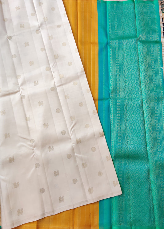 Cream Colour Borderless Kanchivaram Silk Saree With Zari Peacock Motif All Over : KA0290