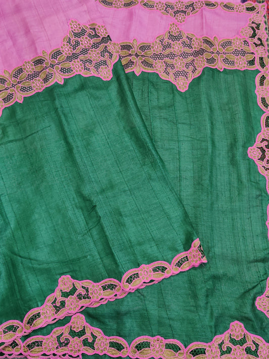 Green & Pink Colour Tussar Silk Saree With Cut Work Body Code : VB0306